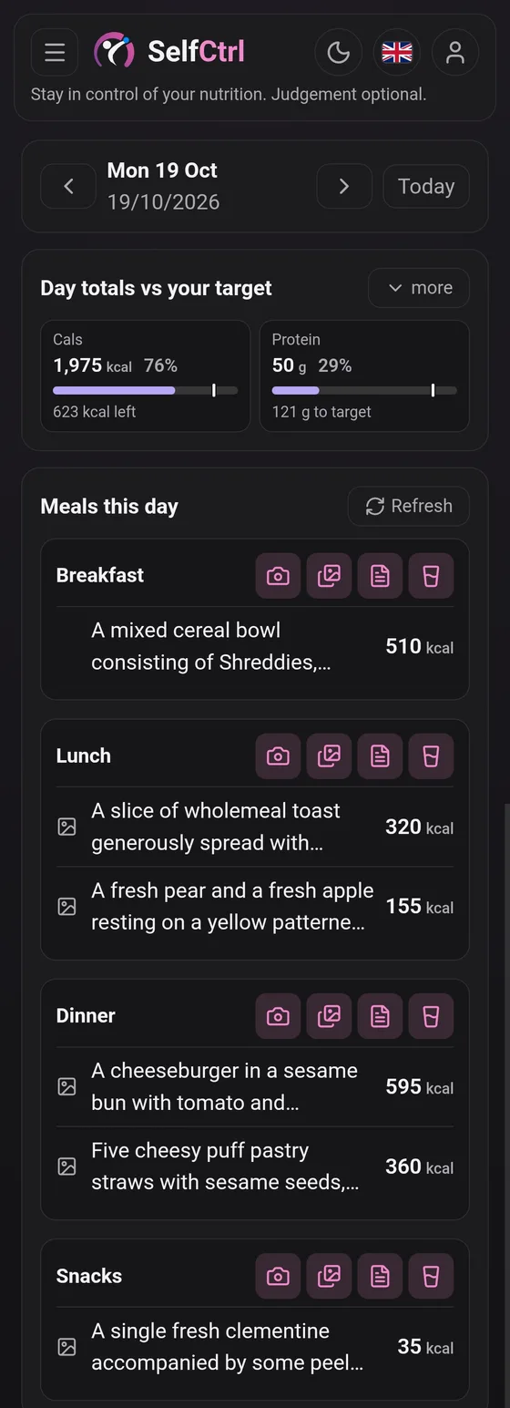 The Meals tab for one day: day totals against a target as plain bars, then breakfast, lunch, dinner and snacks, each with its meals and calories.