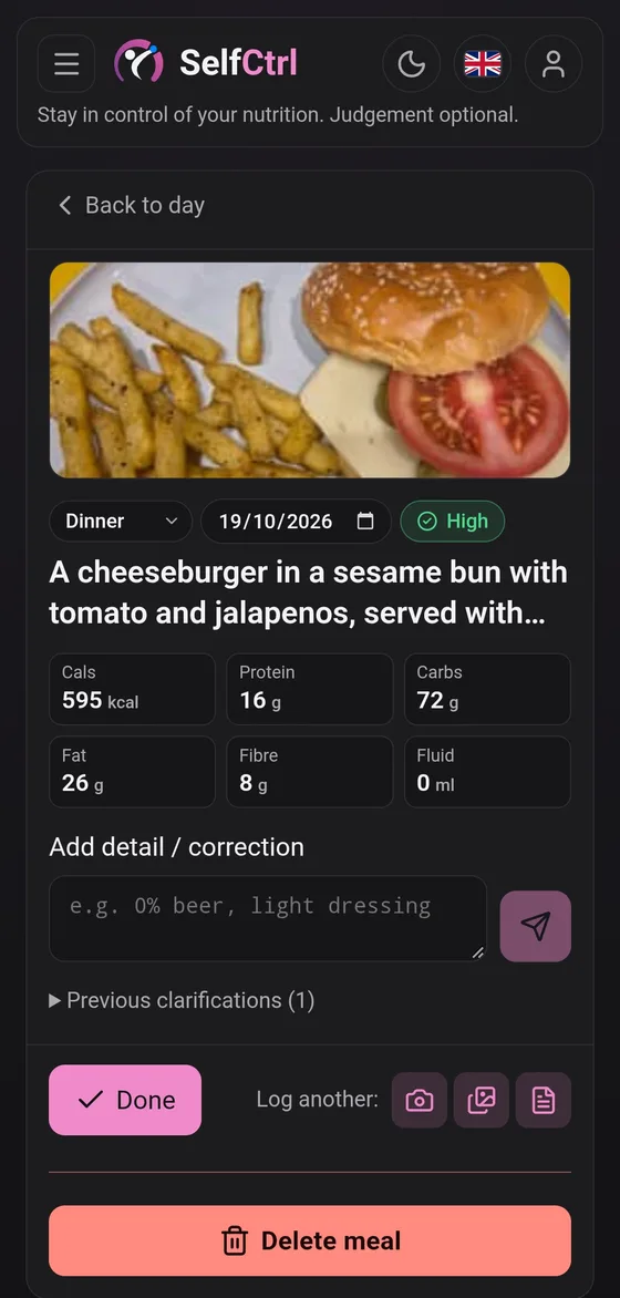 A logged meal in SelfCtrl: a photo of a cheeseburger and chips with calories, protein, carbs, fat, fibre and a high confidence label, and a box for adding a correction.